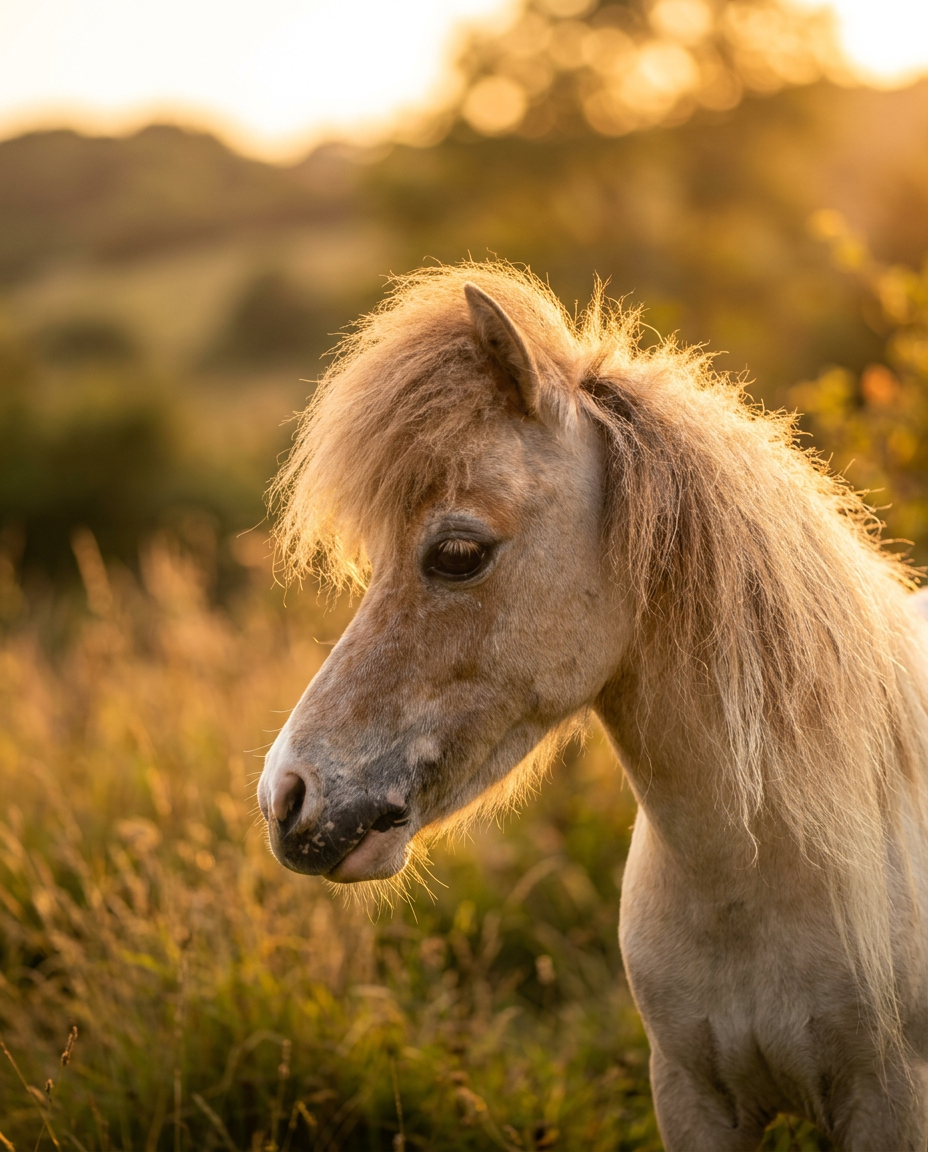 Pony in warm golden hour licht, zachte wazige achtergrond