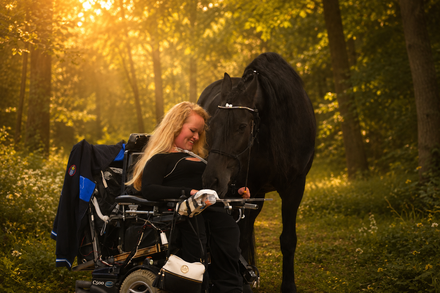 Ilse in een rolstoel met een Fries paard in het bos.